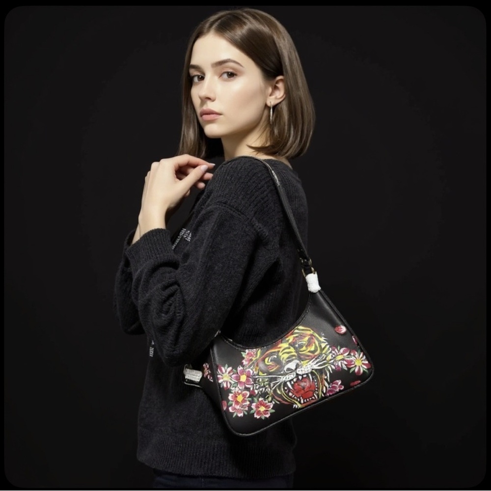 Ed Hardy Black Shoulder Bag with Floral Tiger Print